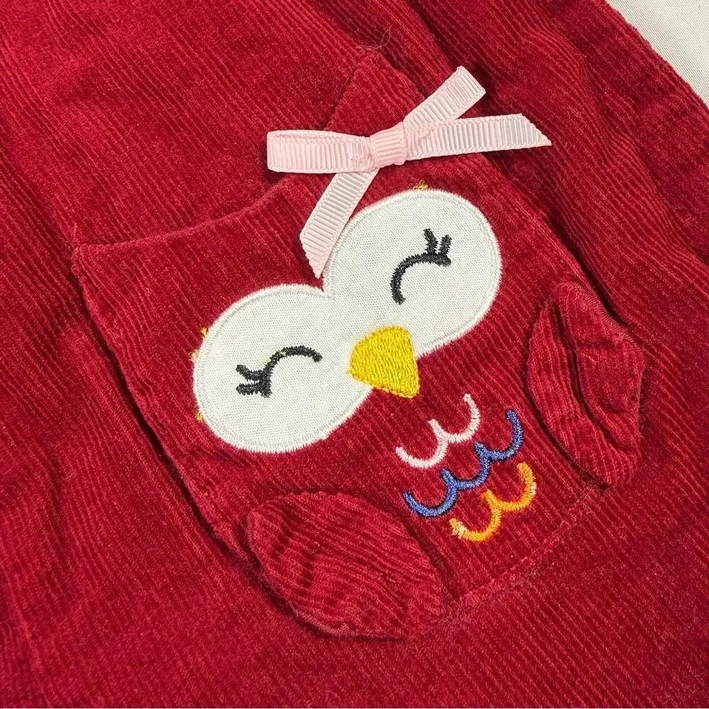 CRACKER BARREL Baby Girls’ Red Corduroy Owl Knee Patch Ruffle Overalls Size 12M